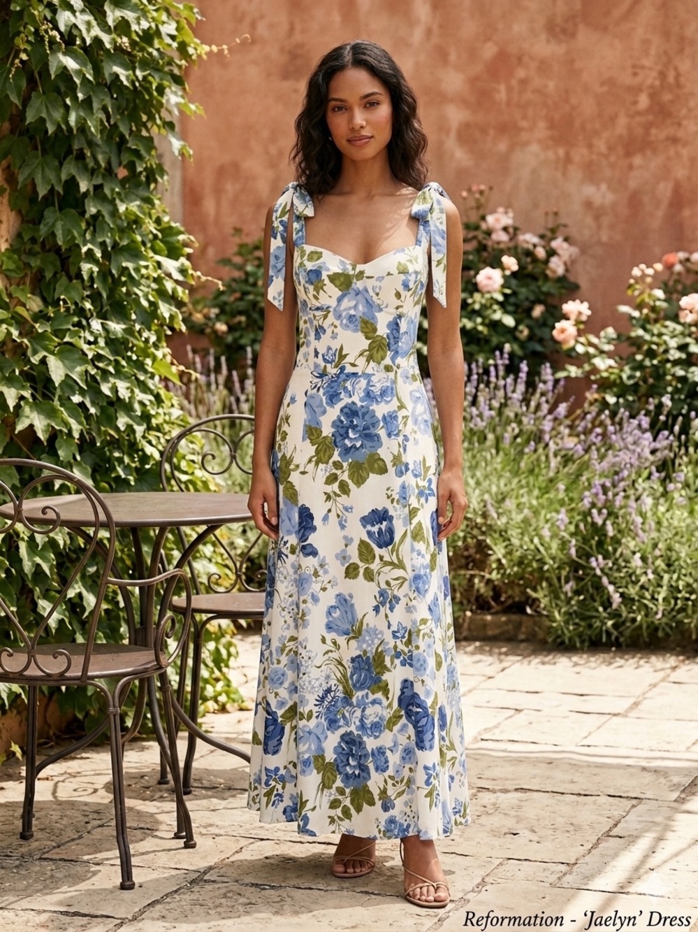 REFORMATION Jaelyn Dress Blue Green Floral Smocked Tie Strap Maxi Size 8